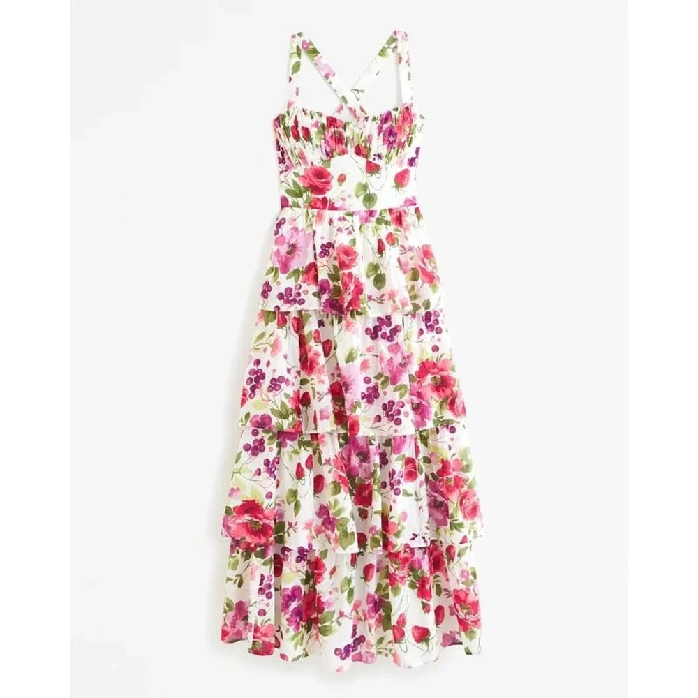 Abercrombie & Fitch Maxi Dress Women Small White Floral Tiered Tie Back Romantic